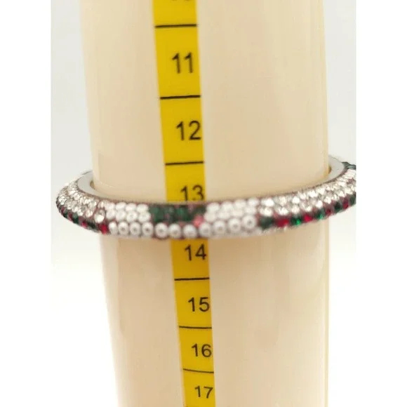 Vintage Bangle Bracelets 2pc Red & Green Rhinestones White Beads Holiday Jewelry - Picture 6 of 6